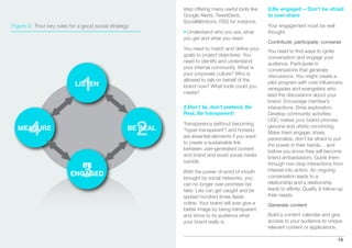 step offering many useful tools like   3.Be engaged – Don’t be afraid
                                                             Google Alerts, TweetDeck,              to over-share
                                                             SocialMentions, RSS for instance.
Figure 9 : Four key rules for a good social strategy                                                Your engagement must be well
                                                             • Understand who you are, what         thought.
                                                             you get and what you need
                                                                                                    Contribute, participate, converse
                                                             You need to match and deﬁne your       You need to ﬁnd ways to ignite
                                                             goals to project objectives. You       conversation and engage your
                                                             need to identify and understand        audience. Participate in
                                                             your internal community. What is       conversations that generate
                                                             your corporate culture? Who is


                              1
                                                                                                    discussions. You might create a
                                                             allowed to talk on behalf of the
                            LISTEN                                                                  pilot program with core inﬂuencers,
                                                             brand now? What tools could you        renegades and evangelists who
                                                             create?                                lead the discussions about your
                                                                                                    brand. Encourage member’s
                                                             2.Don’t lie, don’t pretend, Be         interactions. Drive exploration.
                                                             Real, Be transparent!                  Develop community activities.



       4                                               2
                                                                                                    UGC makes your brand promise
                                                             Transparency (without becoming         genuine and utterly convincing.
  MEASURE                                          BE REAL   “hyper-transparent”) and honesty       Make them engage, share,
                                                             are essential elements if you want     personalize, don’t be afraid to put
                                                             to create a sustainable link           the power in their hands… and
                                                             between user-generated content         before you know they will become
                                                             and brand and avoid social media       brand ambassadors. Guide them
                                                             suicide.

                              3
                             BE                                                                     through non-stop interactions from
                                                             With the power of word of mouth        interest into action. An ongoing
                          ENGAGED                                                                   conversation leads to a
                                                             brought by social networks, you
                                                             can no longer over-promise/ be         relationship and a relationship
                                                             fake. Lies can get caught and be       leads to afﬁnity. Qualify & follow-up
                                                             spread hundred times faster            their needs.
                                                             online. Your brand will ever give a    Generate content
                                                             better image by being transparent
                                                             and show to its audience what          Build a content calendar and give
                                                             your brand really is.                  access to your audience to unique
                                                                                                    relevant content or applications

                                                                                                                                      16
 