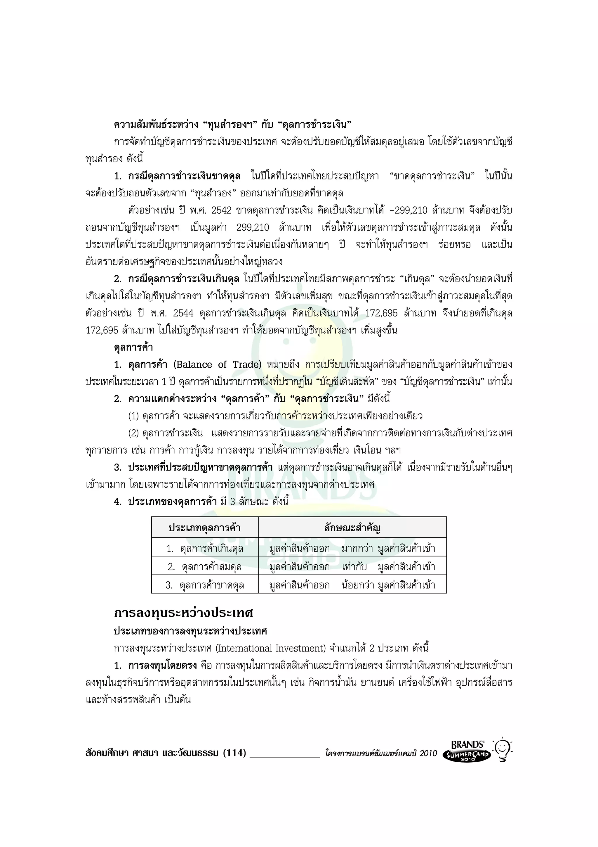 ความสัมพันธระหวาง “ทุนสํารองฯ” กับ “ดุลการชําระเงิน”
        การจัดทําบัญชีดุลการชําระเงินของประเทศ จะตองปรับยอดบัญชีใหสมดุลอยูเสมอ โดยใชตัวเลขจากบัญชี
ทุนสํารอง ดังนี้
        1. กรณีดุลการชําระเงินขาดดุล ในปใดที่ประเทศไทยประสบปญหา “ขาดดุลการชําระเงิน” ในปนั้น
จะตองปรับถอนตัวเลขจาก “ทุนสํารอง” ออกมาเทากับยอดที่ขาดดุล
           ตัวอยางเชน ป พ.ศ. 2542 ขาดดุลการชําระเงิน คิดเปนเงินบาทได -299,210 ลานบาท จึงตองปรับ
ถอนจากบัญชีทุนสํารองฯ เปนมูลคา 299,210 ลานบาท เพื่อใหตัวเลขดุลการชําระเขาสูภาวะสมดุล ดังนั้น
ประเทศใดที่ประสบปญหาขาดดุลการชําระเงินตอเนื่องกันหลายๆ ป จะทําใหทุนสํารองฯ รอยหรอ และเปน
อันตรายตอเศรษฐกิจของประเทศนั้นอยางใหญหลวง
        2. กรณีดุลการชําระเงินเกินดุล ในปใดที่ประเทศไทยมีสภาพดุลการชําระ “เกินดุล” จะตองนํายอดเงินที่
เกินดุลไปใสในบัญชีทุนสํารองฯ ทําใหทนสํารองฯ มีตวเลขเพิ่มสุข ขณะที่ดุลการชําระเงินเขาสูภาวะสมดุลในที่สุด
                                     ุ             ั
ตัวอยางเชน ป พ.ศ. 2544 ดุลการชําระเงินเกินดุล คิดเปนเงินบาทได 172,695 ลานบาท จึงนํายอดที่เกินดุล
172,695 ลานบาท ไปใสบัญชีทุนสํารองฯ ทําใหยอดจากบัญชีทุนสํารองฯ เพิ่มสูงขึ้น
        ดุลการคา
        1. ดุลการคา (Balance of Trade) หมายถึง การเปรียบเทียมมูลคาสินคาออกกับมูลคาสินคาเขาของ
ประเทศในระยะเวลา 1 ป ดุลการคาเปนรายการหนึ่งที่ปรากฏใน “บัญชีเดินสะพัด” ของ “บัญชีดุลการชําระเงิน” เทานั้น
        2. ความแตกตางระหวาง “ดุลการคา” กับ “ดุลการชําระเงิน” มีดังนี้
           (1) ดุลการคา จะแสดงรายการเกี่ยวกับการคาระหวางประเทศเพียงอยางเดียว
           (2) ดุลการชําระเงิน แสดงรายการรายรับและรายจายที่เกิดจากการติดตอทางการเงินกับตางประเทศ
ทุกรายการ เชน การคา การกูเงิน การลงทุน รายไดจากการทองเที่ยว เงินโอน ฯลฯ
        3. ประเทศที่ประสบปญหาขาดดุลการคา แตดุลการชําระเงินอาจเกินดุลก็ได เนื่องจากมีรายรับในดานอื่นๆ
เขามามาก โดยเฉพาะรายไดจากการทองเที่ยวและการลงทุนจากตางประเทศ
        4. ประเภทของดุลการคา มี 3 ลักษณะ ดังนี้
                     ประเภทดุลการคา                        ลักษณะสําคัญ
                    1. ดุลการคาเกินดุล       มูลคาสินคาออก มากกวา มูลคาสินคาเขา
                    2. ดุลการคาสมดุล         มูลคาสินคาออก เทากับ มูลคาสินคาเขา
                    3. ดุลการคาขาดดุล        มูลคาสินคาออก นอยกวา มูลคาสินคาเขา
       การลงทุนระหวางประเทศ
      ประเภทของการลงทุนระหวางประเทศ
      การลงทุนระหวางประเทศ (International Investment) จําแนกได 2 ประเภท ดังนี้
      1. การลงทุนโดยตรง คือ การลงทุนในการผลิตสินคาและบริการโดยตรง มีการนําเงินตราตางประเทศเขามา
ลงทุนในธุรกิจบริการหรืออุตสาหกรรมในประเทศนั้นๆ เชน กิจการน้ํามัน ยานยนต เครื่องใชไฟฟา อุปกรณส่อสาร
                                                                                                   ื
และหางสรรพสินคา เปนตน


สังคมศึกษา ศาสนา และวัฒนธรรม (114) _____________             โครงการแบรนดซัมเมอรแคมป 2010
 