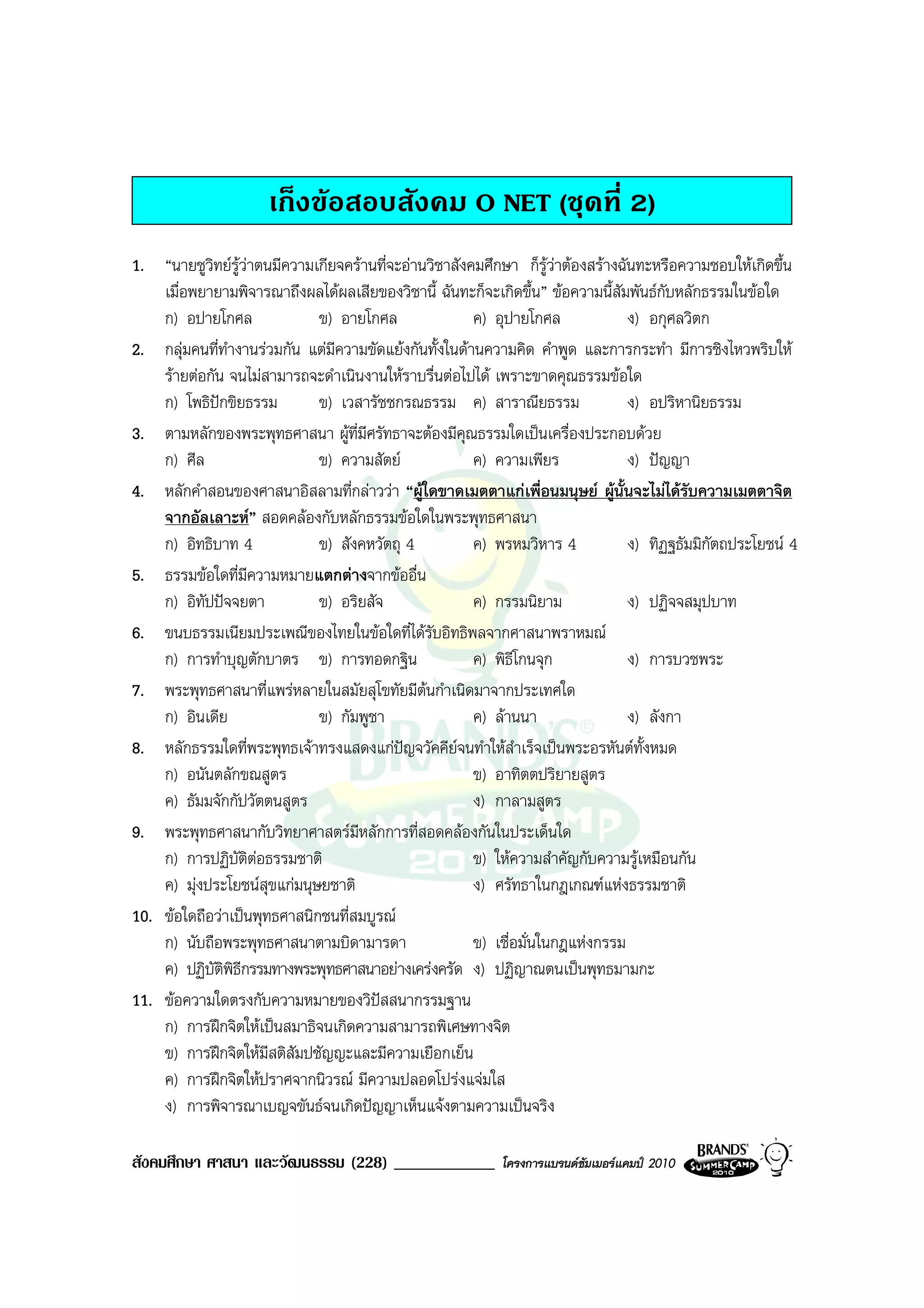 เก็งขอสอบสังคม O NET (ชุดที่ 2)
1. “นายชูวิทยรูวาตนมีความเกียจครานที่จะอานวิชาสังคมศึกษา ก็รูวาตองสรางฉันทะหรือความชอบใหเกิดขึ้น
    เมื่อพยายามพิจารณาถึงผลไดผลเสียของวิชานี้ ฉันทะก็จะเกิดขึ้น” ขอความนี้สัมพันธกับหลักธรรมในขอใด
    ก) อปายโกศล              ข) อายโกศล                ค) อุปายโกศล              ง) อกุศลวิตก
2. กลุมคนที่ทํางานรวมกัน แตมีความขัดแยงกันทั้งในดานความคิด คําพูด และการกระทํา มีการชิงไหวพริบให
    รายตอกัน จนไมสามารถจะดําเนินงานใหราบรื่นตอไปได เพราะขาดคุณธรรมขอใด
    ก) โพธิปกขิยธรรม        ข) เวสารัชชกรณธรรม ค) สาราณียธรรม                   ง) อปริหานิยธรรม
3. ตามหลักของพระพุทธศาสนา ผูท่มีศรัทธาจะตองมีคุณธรรมใดเปนเครื่องประกอบดวย
                                   ี
    ก) ศีล                   ข) ความสัตย              ค) ความเพียร              ง) ปญญา
4. หลักคําสอนของศาสนาอิสลามที่กลาววา “ผูใดขาดเมตตาแกเพื่อนมนุษย ผูนั้นจะไมไดรับความเมตตาจิต
    จากอัลเลาะห” สอดคลองกับหลักธรรมขอใดในพระพุทธศาสนา
    ก) อิทธิบาท 4            ข) สังคหวัตถุ 4           ค) พรหมวิหาร 4            ง) ทิฏฐธัมมิกัตถประโยชน 4
5. ธรรมขอใดที่มีความหมายแตกตางจากขออื่น
    ก) อิทัปปจจยตา          ข) อริยสัจ                ค) กรรมนิยาม              ง) ปฏิจจสมุปบาท
6. ขนบธรรมเนียมประเพณีของไทยในขอใดที่ไดรับอิทธิพลจากศาสนาพราหมณ
    ก) การทําบุญตักบาตร ข) การทอดกฐิน                  ค) พิธีโกนจุก             ง) การบวชพระ
7. พระพุทธศาสนาที่แพรหลายในสมัยสุโขทัยมีตนกําเนิดมาจากประเทศใด
    ก) อินเดีย               ข) กัมพูชา                ค) ลานนา                 ง) ลังกา
8. หลักธรรมใดที่พระพุทธเจาทรงแสดงแกปญจวัคคียจนทําใหสําเร็จเปนพระอรหันตทั้งหมด
    ก) อนันตลักขณสูตร                                  ข) อาทิตตปริยายสูตร
    ค) ธัมมจักกัปวัตตนสูตร                             ง) กาลามสูตร
9. พระพุทธศาสนากับวิทยาศาสตรมีหลักการที่สอดคลองกันในประเด็นใด
    ก) การปฏิบัติตอธรรมชาติ                           ข) ใหความสําคัญกับความรูเหมือนกัน
    ค) มุงประโยชนสุขแกมนุษยชาติ                     ง) ศรัทธาในกฎเกณฑแหงธรรมชาติ
10. ขอใดถือวาเปนพุทธศาสนิกชนที่สมบูรณ
    ก) นับถือพระพุทธศาสนาตามบิดามารดา                  ข) เชื่อมั่นในกฎแหงกรรม
    ค) ปฏิบัติพิธีกรรมทางพระพุทธศาสนาอยางเครงครัด ง) ปฏิญาณตนเปนพุทธมามกะ
11. ขอความใดตรงกับความหมายของวิปสสนากรรมฐาน
    ก) การฝกจิตใหเปนสมาธิจนเกิดความสามารถพิเศษทางจิต
    ข) การฝกจิตใหมีสติสัมปชัญญะและมีความเยือกเย็น
    ค) การฝกจิตใหปราศจากนิวรณ มีความปลอดโปรงแจมใส
    ง) การพิจารณาเบญจขันธจนเกิดปญญาเห็นแจงตามความเปนจริง

สังคมศึกษา ศาสนา และวัฒนธรรม (228) ____________            โครงการแบรนดซัมเมอรแคมป 2010
 