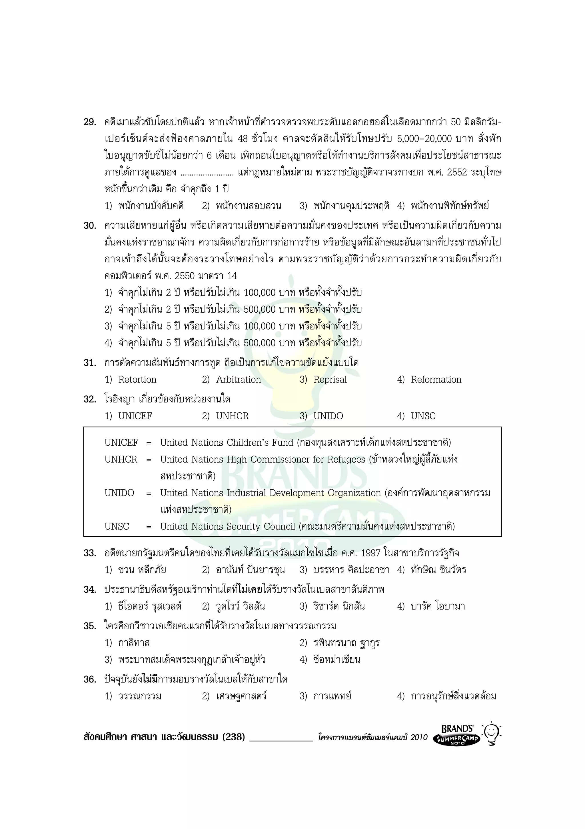29. คดีเมาแลวขับโดยปกติแลว หากเจาหนาที่ตํารวจตรวจพบระดับแอลกอฮอลในเลือดมากกวา 50 มิลลิกรัม-
    เปอร เ ซ็ น ต จ ะส ง ฟ อ งศาลภายใน 48 ชั่ ว โมง ศาลจะตั ด สิ น ให รั บ โทษปรั บ 5,000-20,000 บาท สั่ ง พั ก
    ใบอนุญาตขับขี่ไมนอยกวา 6 เดือน เพิกถอนใบอนุญาตหรือใหทํางานบริการสังคมเพื่อประโยชนสาธารณะ
    ภายใตการดูแลของ ........................ แตกฎหมายใหมตาม พระราชบัญญัติจราจรทางบก พ.ศ. 2552 ระบุโทษ
    หนักขึ้นกวาเดิม คือ จําคุกถึง 1 ป
    1) พนักงานบังคับคดี 2) พนักงานสอบสวน 3) พนักงานคุมประพฤติ 4) พนักงานพิทักษทรัพย
30. ความเสียหายแกผูอื่น หรือเกิดความเสียหายตอความมั่นคงของประเทศ หรือเปนความผิดเกี่ยวกับความ
    มั่นคงแหงราชอาณาจักร ความผิดเกี่ยวกับการกอการราย หรือขอมูลที่มีลักษณะอันลามกที่ประชาชนทั่วไป
    อาจเข า ถึ ง ได นั้ น จะต อ งระวางโทษอย างไร ตามพระราชบั ญ ญั ติ ว า ด ว ยการกระทํ า ความผิ ด เกี่ ย วกั บ
    คอมพิวเตอร พ.ศ. 2550 มาตรา 14
    1) จําคุกไมเกิน 2 ป หรือปรับไมเกิน 100,000 บาท หรือทั้งจําทั้งปรับ
    2) จําคุกไมเกิน 2 ป หรือปรับไมเกิน 500,000 บาท หรือทั้งจําทั้งปรับ
    3) จําคุกไมเกิน 5 ป หรือปรับไมเกิน 100,000 บาท หรือทั้งจําทั้งปรับ
    4) จําคุกไมเกิน 5 ป หรือปรับไมเกิน 500,000 บาท หรือทั้งจําทั้งปรับ
31. การตัดความสัมพันธทางการทูต ถือเปนการแกไขความขัดแยงแบบใด
    1) Retortion                     2) Arbitration         3) Reprisal                  4) Reformation
32. โรฮิงญา เกี่ยวของกับหนวยงานใด
    1) UNICEF                        2) UNHCR               3) UNIDO                     4) UNSC
     UNICEF = United Nations Children’s Fund (กองทุนสงเคราะหเด็กแหงสหประชาชาติ)
     UNHCR = United Nations High Commissioner for Refugees (ขาหลวงใหญผูลี้ภัยแหง
              สหประชาชาติ)
     UNIDO = United Nations Industrial Development Organization (องคการพัฒนาอุตสาหกรรม
              แหงสหประชาชาติ)
     UNSC = United Nations Security Council (คณะมนตรีความมั่นคงแหงสหประชาชาติ)
33. อดีตนายกรัฐมนตรีคนใดของไทยที่เคยไดรับรางวัลแมกไซไซเมื่อ ค.ศ. 1997 ในสาขาบริการรัฐกิจ
    1) ชวน หลีกภัย           2) อานันท ปนยารชุน 3) บรรหาร ศิลปะอาชา 4) ทักษิณ ชินวัตร
34. ประธานาธิบดีสหรัฐอเมริกาทานใดที่ไมเคยไดรับรางวัลโนเบลสาขาสันติภาพ
    1) ธีโอดอร รุสเวลต 2) วูดโรว วิลสัน           3) ริชารด นิกสัน    4) บารัค โอบามา
35. ใครคือกวีชาวเอเชียคนแรกที่ไดรับรางวัลโนเบลทางวรรณกรรม
    1) กาลิทาส                                       2) รพินทรนาถ ฐากูร
    3) พระบาทสมเด็จพระมงกุฎเกลาเจาอยูหว ั         4) ซือหมาเชียน
36. ปจจุบันยังไมมีการมอบรางวัลโนเบลใหกับสาขาใด
    1) วรรณกรรม              2) เศรษฐศาสตร          3) การแพทย          4) การอนุรักษสิ่งแวดลอม

สังคมศึกษา ศาสนา และวัฒนธรรม (238) ____________                  โครงการแบรนดซัมเมอรแคมป 2010
 