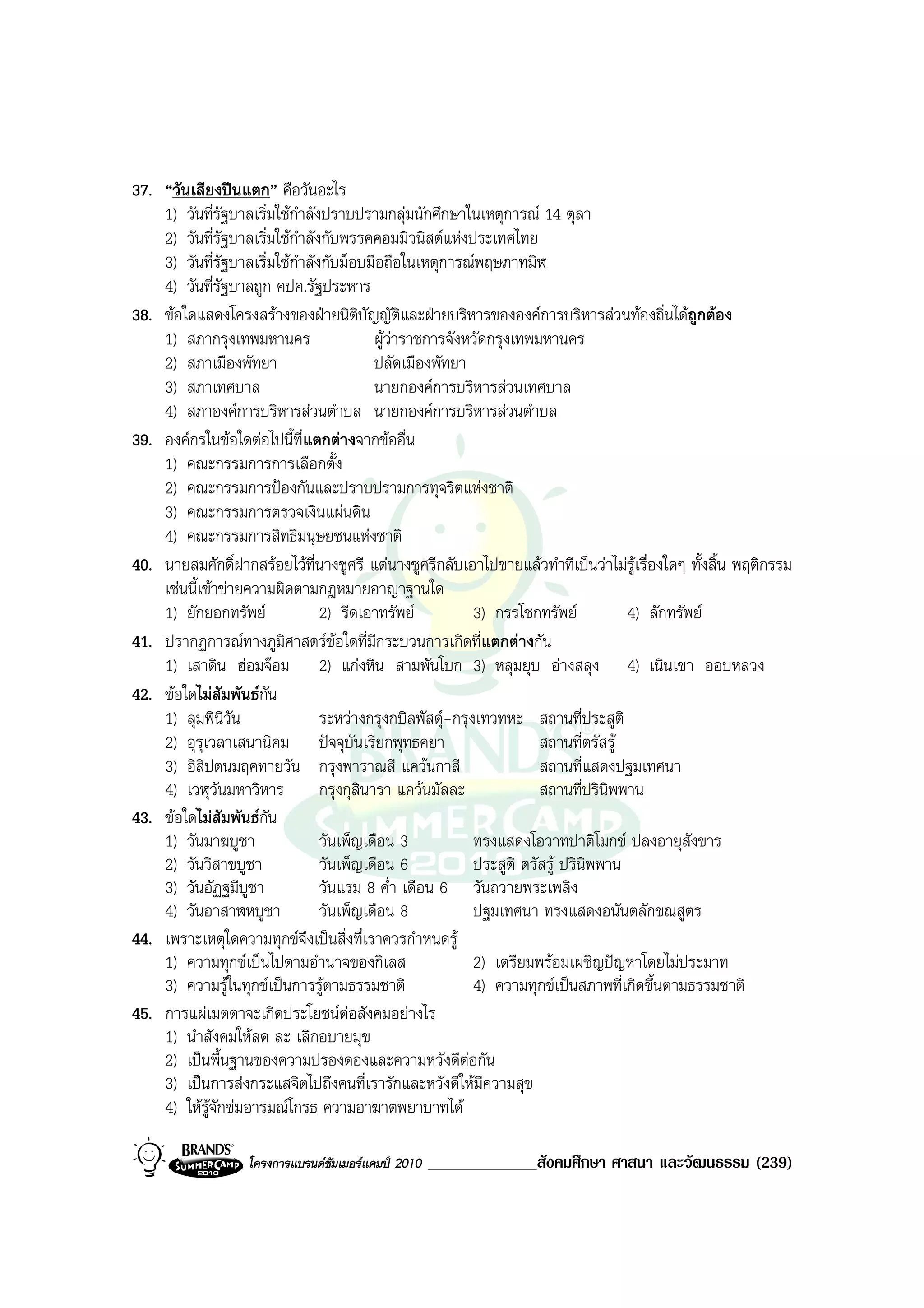 37. “วันเสียงปนแตก” คือวันอะไร
    1) วันที่รัฐบาลเริ่มใชกําลังปราบปรามกลุมนักศึกษาในเหตุการณ 14 ตุลา
    2) วันที่รัฐบาลเริ่มใชกําลังกับพรรคคอมมิวนิสตแหงประเทศไทย
    3) วันที่รัฐบาลเริ่มใชกําลังกับม็อบมือถือในเหตุการณพฤษภาทมิฬ
    4) วันที่รัฐบาลถูก คปค.รัฐประหาร
38. ขอใดแสดงโครงสรางของฝายนิติบัญญัติและฝายบริหารขององคการบริหารสวนทองถิ่นไดถูกตอง
    1) สภากรุงเทพมหานคร                    ผูวาราชการจังหวัดกรุงเทพมหานคร
    2) สภาเมืองพัทยา                       ปลัดเมืองพัทยา
    3) สภาเทศบาล                           นายกองคการบริหารสวนเทศบาล
    4) สภาองคการบริหารสวนตําบล นายกองคการบริหารสวนตําบล
39. องคกรในขอใดตอไปนี้ที่แตกตางจากขออื่น
    1) คณะกรรมการการเลือกตั้ง
    2) คณะกรรมการปองกันและปราบปรามการทุจริตแหงชาติ
    3) คณะกรรมการตรวจเงินแผนดิน
    4) คณะกรรมการสิทธิมนุษยชนแหงชาติ
40. นายสมศักดิ์ฝากสรอยไวที่นางชูศรี แตนางชูศรีกลับเอาไปขายแลวทําทีเปนวาไมรเรื่องใดๆ ทั้งสิ้น พฤติกรรม
                                                                                      ู
    เชนนี้เขาขายความผิดตามกฎหมายอาญาฐานใด
    1) ยักยอกทรัพย              2) รีดเอาทรัพย           3) กรรโชกทรัพย           4) ลักทรัพย
41. ปรากฏการณทางภูมิศาสตรขอใดที่มีกระบวนการเกิดที่แตกตางกัน
    1) เสาดิน ฮอมจอม 2) แกงหิน สามพันโบก 3) หลุมยุบ อางสลุง 4) เนินเขา ออบหลวง
42. ขอใดไมสมพันธกัน
               ั
    1) ลุมพินีวัน                ระหวางกรุงกบิลพัสดุ-กรุงเทวทหะ สถานที่ประสูติ
    2) อุรุเวลาเสนานิคม ปจจุบันเรียกพุทธคยา                          สถานที่ตรัสรู
    3) อิสิปตนมฤคทายวัน กรุงพาราณสี แควนกาสี                         สถานที่แสดงปฐมเทศนา
    4) เวฬุวันมหาวิหาร           กรุงกุสินารา แควนมัลละ              สถานที่ปรินิพพาน
43. ขอใดไมสัมพันธกัน
    1) วันมาฆบูชา                วันเพ็ญเดือน 3            ทรงแสดงโอวาทปาติโมกข ปลงอายุสังขาร
    2) วันวิสาขบูชา              วันเพ็ญเดือน 6            ประสูติ ตรัสรู ปรินพพาน
                                                                               ิ
    3) วันอัฏฐมีบูชา             วันแรม 8 ค่ํา เดือน 6 วันถวายพระเพลิง
    4) วันอาสาฬหบูชา             วันเพ็ญเดือน 8            ปฐมเทศนา ทรงแสดงอนันตลักขณสูตร
44. เพราะเหตุใดความทุกขจึงเปนสิ่งที่เราควรกําหนดรู
    1) ความทุกขเปนไปตามอํานาจของกิเลส                    2) เตรียมพรอมเผชิญปญหาโดยไมประมาท
    3) ความรูในทุกขเปนการรูตามธรรมชาติ                 4) ความทุกขเปนสภาพที่เกิดขึ้นตามธรรมชาติ
45. การแผเมตตาจะเกิดประโยชนตอสังคมอยางไร
    1) นําสังคมใหลด ละ เลิกอบายมุข
    2) เปนพื้นฐานของความปรองดองและความหวังดีตอกัน
    3) เปนการสงกระแสจิตไปถึงคนที่เรารักและหวังดีใหมีความสุข
    4) ใหรูจักขมอารมณโกรธ ความอาฆาตพยาบาทได

                   โครงการแบรนดซัมเมอรแคมป 2010   _____________สังคมศึกษา ศาสนา และวัฒนธรรม (239)
 