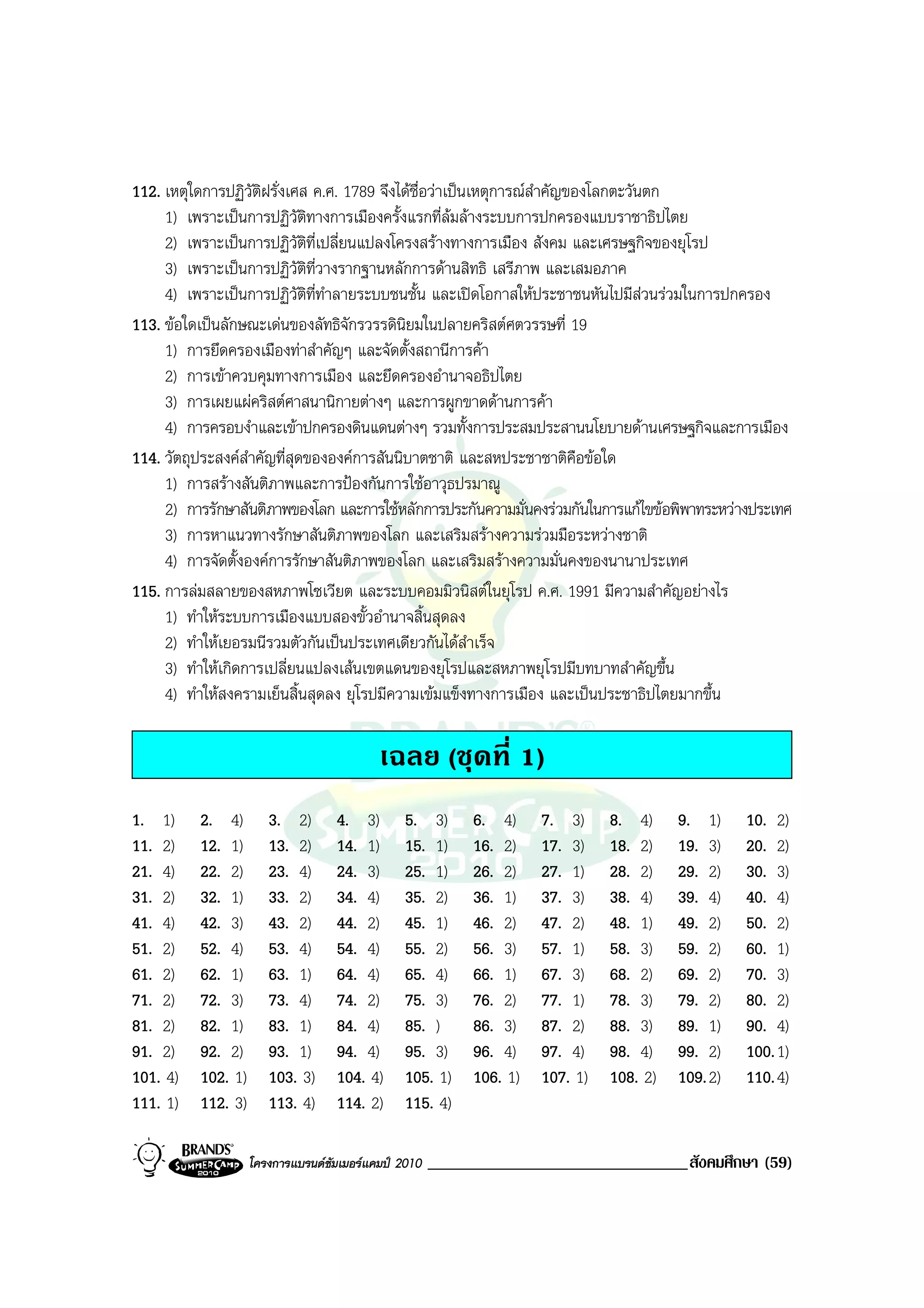 112. เหตุใดการปฏิวัติฝรั่งเศส ค.ศ. 1789 จึงไดชื่อวาเปนเหตุการณสําคัญของโลกตะวันตก
     1) เพราะเปนการปฏิวัติทางการเมืองครั้งแรกที่ลมลางระบบการปกครองแบบราชาธิปไตย
     2) เพราะเปนการปฏิวัติที่เปลี่ยนแปลงโครงสรางทางการเมือง สังคม และเศรษฐกิจของยุโรป
     3) เพราะเปนการปฏิวัติที่วางรากฐานหลักการดานสิทธิ เสรีภาพ และเสมอภาค
     4) เพราะเปนการปฏิวัติที่ทาลายระบบชนชั้น และเปดโอกาสใหประชาชนหันไปมีสวนรวมในการปกครอง
                                ํ
113. ขอใดเปนลักษณะเดนของลัทธิจักรวรรดินิยมในปลายคริสตศตวรรษที่ 19
     1) การยึดครองเมืองทาสําคัญๆ และจัดตั้งสถานีการคา
     2) การเขาควบคุมทางการเมือง และยึดครองอํานาจอธิปไตย
     3) การเผยแผคริสตศาสนานิกายตางๆ และการผูกขาดดานการคา
     4) การครอบงําและเขาปกครองดินแดนตางๆ รวมทั้งการประสมประสานนโยบายดานเศรษฐกิจและการเมือง
114. วัตถุประสงคสําคัญที่สุดขององคการสันนิบาตชาติ และสหประชาชาติคือขอใด
     1) การสรางสันติภาพและการปองกันการใชอาวุธปรมาณู
     2) การรักษาสันติภาพของโลก และการใชหลักการประกันความมั่นคงรวมกันในการแกไขขอพิพาทระหวางประเทศ
     3) การหาแนวทางรักษาสันติภาพของโลก และเสริมสรางความรวมมือระหวางชาติ
     4) การจัดตั้งองคการรักษาสันติภาพของโลก และเสริมสรางความมั่นคงของนานาประเทศ
115. การลมสลายของสหภาพโซเวียต และระบบคอมมิวนิสตในยุโรป ค.ศ. 1991 มีความสําคัญอยางไร
     1) ทําใหระบบการเมืองแบบสองขั้วอํานาจสิ้นสุดลง
     2) ทําใหเยอรมนีรวมตัวกันเปนประเทศเดียวกันไดสําเร็จ
     3) ทําใหเกิดการเปลี่ยนแปลงเสนเขตแดนของยุโรปและสหภาพยุโรปมีบทบาทสําคัญขึ้น
     4) ทําใหสงครามเย็นสิ้นสุดลง ยุโรปมีความเขมแข็งทางการเมือง และเปนประชาธิปไตยมากขึ้น

                                           เฉลย (ชุดที่ 1)
1. 1)     2. 4)        3. 2)       4. 3)        5. 3)      6. 4)     7. 3)     8. 4)     9. 1)     10. 2)
11. 2)    12. 1)       13. 2)      14. 1)       15. 1)     16. 2)    17. 3)    18. 2)    19. 3)    20. 2)
21. 4)    22. 2)       23. 4)      24. 3)       25. 1)     26. 2)    27. 1)    28. 2)    29. 2)    30. 3)
31. 2)    32. 1)       33. 2)      34. 4)       35. 2)     36. 1)    37. 3)    38. 4)    39. 4)    40. 4)
41. 4)    42. 3)       43. 2)      44. 2)       45. 1)     46. 2)    47. 2)    48. 1)    49. 2)    50. 2)
51. 2)    52. 4)       53. 4)      54. 4)       55. 2)     56. 3)    57. 1)    58. 3)    59. 2)    60. 1)
61. 2)    62. 1)       63. 1)      64. 4)       65. 4)     66. 1)    67. 3)    68. 2)    69. 2)    70. 3)
71. 2)    72. 3)       73. 4)      74. 2)       75. 3)     76. 2)    77. 1)    78. 3)    79. 2)    80. 2)
81. 2)    82. 1)       83. 1)      84. 4)       85. )      86. 3)    87. 2)    88. 3)    89. 1)    90. 4)
91. 2)    92. 2)       93. 1)      94. 4)       95. 3)     96. 4)    97. 4)    98. 4)    99. 2)    100. 1)
101. 4)   102. 1)      103. 3)     104. 4)      105. 1)    106. 1)   107. 1)   108. 2)   109. 2)   110. 4)
111. 1)   112. 3)      113. 4)     114. 2)      115. 4)

                    โครงการแบรนดซัมเมอรแคมป 2010   _______________________________สังคมศึกษา (59)
 