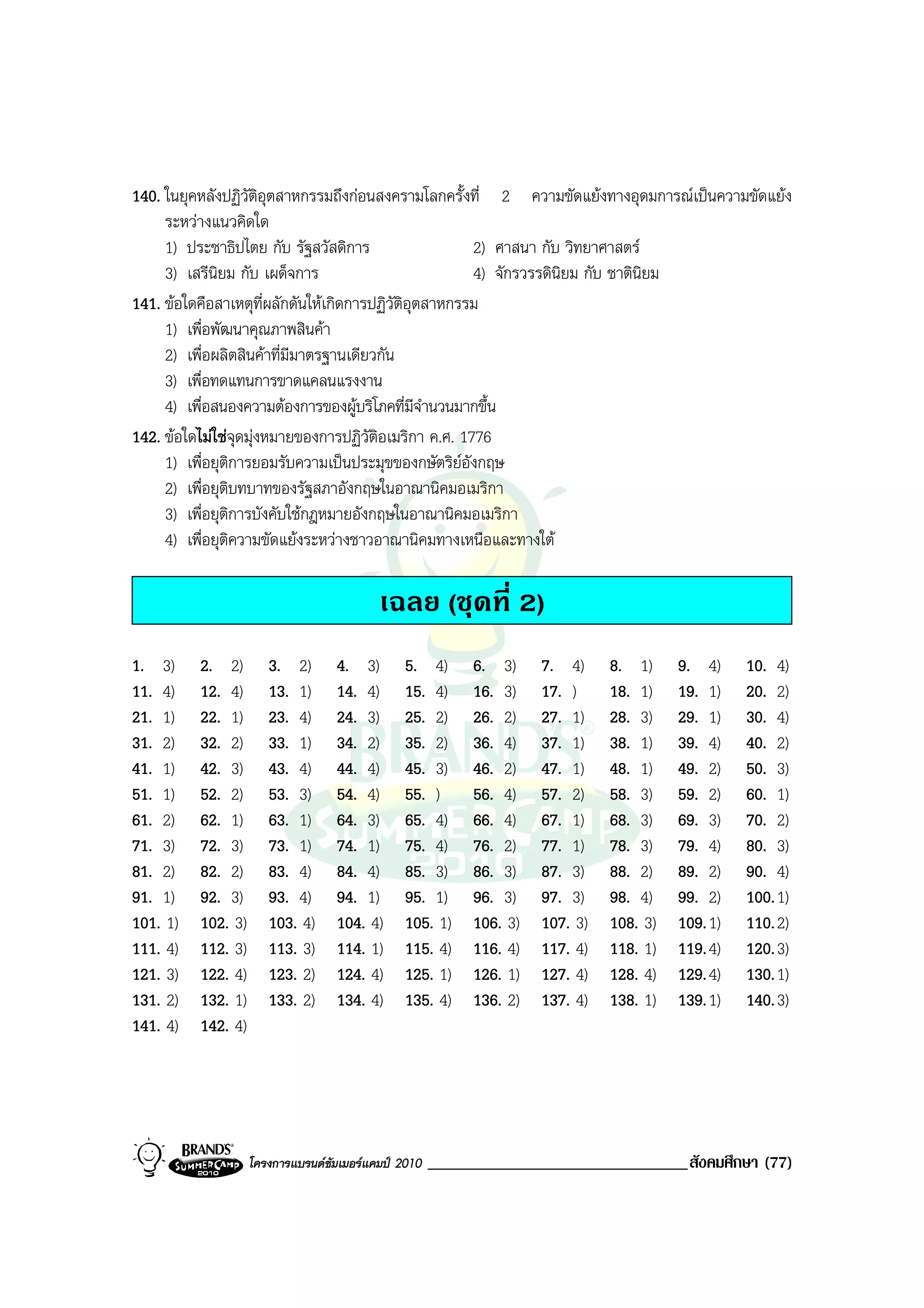 140. ในยุคหลังปฏิวัติอุตสาหกรรมถึงกอนสงครามโลกครั้งที่ 2 ความขัดแยงทางอุดมการณเปนความขัดแยง
     ระหวางแนวคิดใด
     1) ประชาธิปไตย กับ รัฐสวัสดิการ                   2) ศาสนา กับ วิทยาศาสตร
     3) เสรีนิยม กับ เผด็จการ                          4) จักรวรรดินิยม กับ ชาตินิยม
141. ขอใดคือสาเหตุที่ผลักดันใหเกิดการปฏิวัติอุตสาหกรรม
     1) เพื่อพัฒนาคุณภาพสินคา
     2) เพื่อผลิตสินคาที่มีมาตรฐานเดียวกัน
     3) เพื่อทดแทนการขาดแคลนแรงงาน
     4) เพื่อสนองความตองการของผูบริโภคที่มีจํานวนมากขึ้น
142. ขอใดไมใชจุดมุงหมายของการปฏิวติอเมริกา ค.ศ. 1776
                                       ั
     1) เพื่อยุติการยอมรับความเปนประมุขของกษัตริยอังกฤษ
     2) เพื่อยุติบทบาทของรัฐสภาอังกฤษในอาณานิคมอเมริกา
     3) เพื่อยุติการบังคับใชกฎหมายอังกฤษในอาณานิคมอเมริกา
     4) เพื่อยุติความขัดแยงระหวางชาวอาณานิคมทางเหนือและทางใต

                                           เฉลย (ชุดที่ 2)
1. 3)     2. 2)        3. 2)       4. 3)        5. 4)      6. 3)     7. 4)     8. 1)     9. 4)     10. 4)
11. 4)    12. 4)       13. 1)      14. 4)       15. 4)     16. 3)    17. )     18. 1)    19. 1)    20. 2)
21. 1)    22. 1)       23. 4)      24. 3)       25. 2)     26. 2)    27. 1)    28. 3)    29. 1)    30. 4)
31. 2)    32. 2)       33. 1)      34. 2)       35. 2)     36. 4)    37. 1)    38. 1)    39. 4)    40. 2)
41. 1)    42. 3)       43. 4)      44. 4)       45. 3)     46. 2)    47. 1)    48. 1)    49. 2)    50. 3)
51. 1)    52. 2)       53. 3)      54. 4)       55. )      56. 4)    57. 2)    58. 3)    59. 2)    60. 1)
61. 2)    62. 1)       63. 1)      64. 3)       65. 4)     66. 4)    67. 1)    68. 3)    69. 3)    70. 2)
71. 3)    72. 3)       73. 1)      74. 1)       75. 4)     76. 2)    77. 1)    78. 3)    79. 4)    80. 3)
81. 2)    82. 2)       83. 4)      84. 4)       85. 3)     86. 3)    87. 3)    88. 2)    89. 2)    90. 4)
91. 1)    92. 3)       93. 4)      94. 1)       95. 1)     96. 3)    97. 3)    98. 4)    99. 2)    100. 1)
101. 1)   102. 3)      103. 4)     104. 4)      105. 1)    106. 3)   107. 3)   108. 3)   109. 1)   110. 2)
111. 4)   112. 3)      113. 3)     114. 1)      115. 4)    116. 4)   117. 4)   118. 1)   119. 4)   120. 3)
121. 3)   122. 4)      123. 2)     124. 4)      125. 1)    126. 1)   127. 4)   128. 4)   129. 4)   130. 1)
131. 2)   132. 1)      133. 2)     134. 4)      135. 4)    136. 2)   137. 4)   138. 1)   139. 1)   140. 3)
141. 4)   142. 4)




                    โครงการแบรนดซัมเมอรแคมป 2010   _______________________________สังคมศึกษา (77)
 