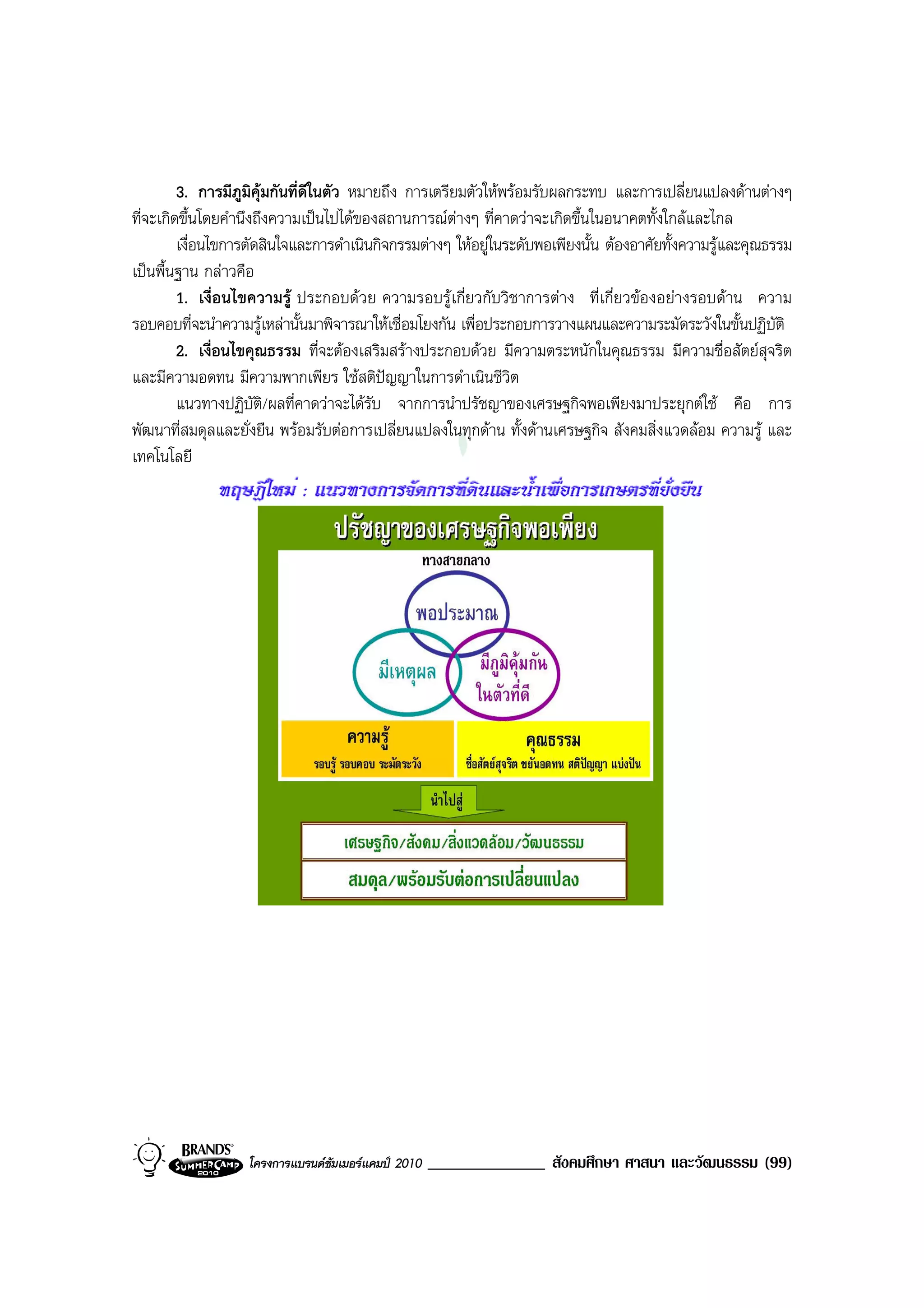 3. การมีภูมิคุมกันที่ดีในตัว หมายถึง การเตรียมตัวใหพรอมรับผลกระทบ และการเปลี่ยนแปลงดานตางๆ
ที่จะเกิดขึ้นโดยคํานึงถึงความเปนไปไดของสถานการณตางๆ ที่คาดวาจะเกิดขึ้นในอนาคตทั้งใกลและไกล
         เงื่อนไขการตัดสินใจและการดําเนินกิจกรรมตางๆ ใหอยูในระดับพอเพียงนั้น ตองอาศัยทั้งความรูและคุณธรรม
เปนพื้นฐาน กลาวคือ
         1. เงื่อนไขความรู ประกอบดวย ความรอบรูเกี่ยวกับวิชาการตาง ที่เกี่ยวของอยางรอบดาน ความ
รอบคอบที่จะนําความรูเหลานั้นมาพิจารณาใหเชื่อมโยงกัน เพื่อประกอบการวางแผนและความระมัดระวังในขั้นปฏิบัติ
         2. เงื่อนไขคุณธรรม ที่จะตองเสริมสรางประกอบดวย มีความตระหนักในคุณธรรม มีความชื่อสัตยสุจริต
และมีความอดทน มีความพากเพียร ใชสติปญญาในการดําเนินชีวิต
         แนวทางปฏิบัติ/ผลที่คาดวาจะไดรับ จากการนําปรัชญาของเศรษฐกิจพอเพียงมาประยุกตใช คือ การ
พัฒนาที่สมดุลและยั่งยืน พรอมรับตอการเปลี่ยนแปลงในทุกดาน ทั้งดานเศรษฐกิจ สังคมสิ่งแวดลอม ความรู และ
เทคโนโลยี




                   โครงการแบรนดซัมเมอรแคมป 2010   ______________ สังคมศึกษา ศาสนา และวัฒนธรรม (99)
 