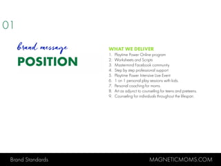 Brand Standards MAGNETICMOMS.COM
POSITION
WHAT WE DELIVER
1. Playtime Power Online program
2. Worksheets and Scripts
3. Mastermind Facebook community
4. Step by step professional support
5. Playtime Power Intensive Live Event
6. 1 on 1 personal play sessions with kids.
7. Personal coaching for moms.
8. Art as adjunct to counseling for teens and preteens.
9. Counseling for individuals throughout the lifespan.
01
brand message
 