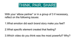 THINK, PAIR, SHARE
With your ‘elbow partner” or in a group of 3 if necessary,
reflect on the following issues:
1.What emotion did each brand story make you feel?
2.What specific element created that feeling?
3.Which video do you think was the most powerful? Why?
 