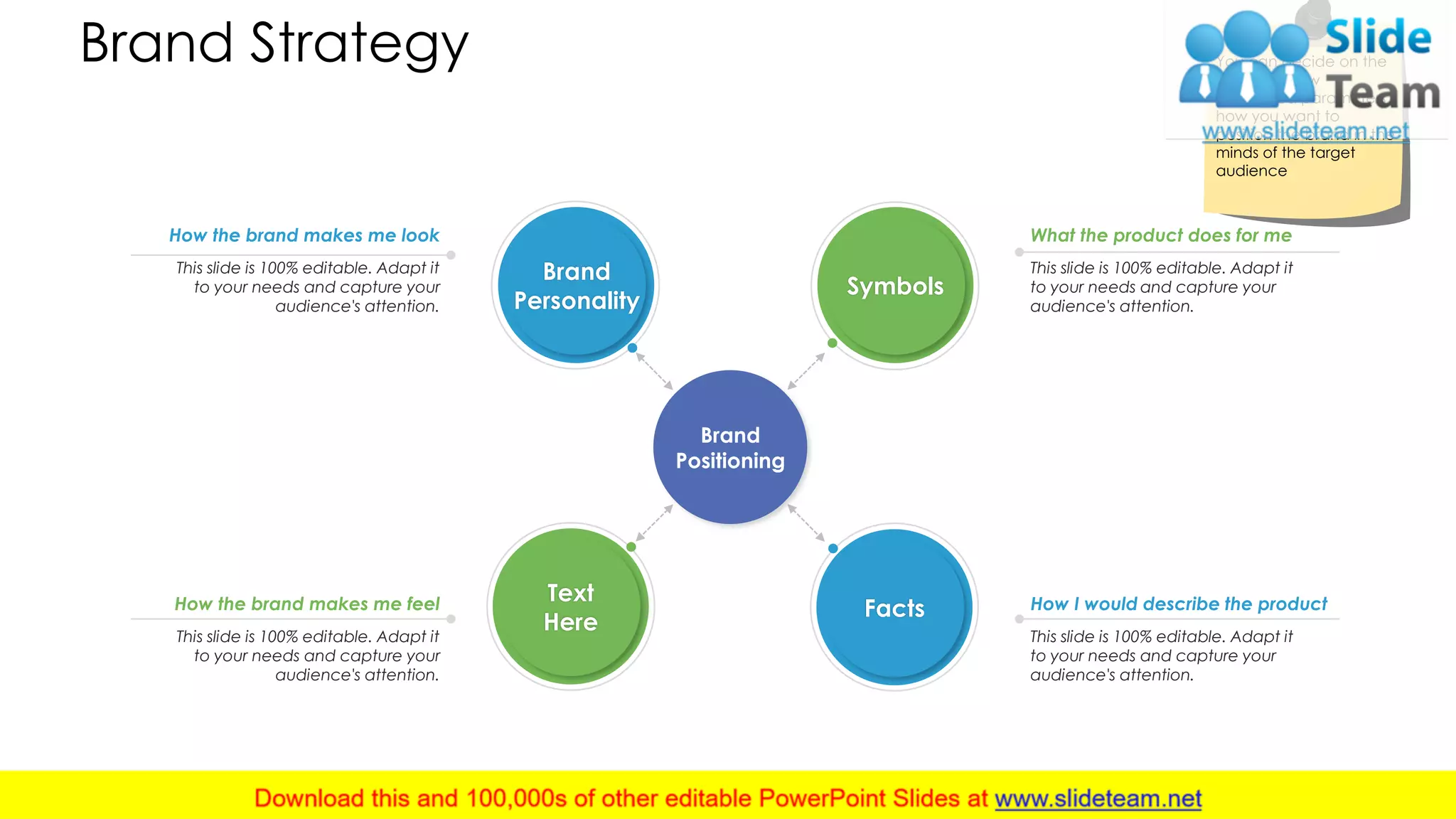 Brand Strategy You can decide on the
basis of below
mentioned parameters
how you want to
position the brand in the
minds of the target
audience
Brand
Positioning
What the product does for me
This slide is 100% editable. Adapt it
to your needs and capture your
audience's attention.
How I would describe the product
This slide is 100% editable. Adapt it
to your needs and capture your
audience's attention.
How the brand makes me feel
This slide is 100% editable. Adapt it
to your needs and capture your
audience's attention.
How the brand makes me look
This slide is 100% editable. Adapt it
to your needs and capture your
audience's attention.
Symbols
Facts
Text
Here
Brand
Personality
3
 