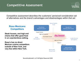 Competitive Assessment Competitive assessment describes the customers’ perceived consideration set of alternatives and the brand’s advantages and disadvantages within that set. Rosa Mexicano Competitors Steak houses, and high end chains that offer good food in an unpretentious setting.  Rosa’s has no direct Mexican cuisine competitors outside of New York, and very few within New York. 