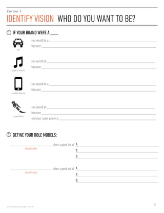 5
www.jessicabogart.com
IDENTIFYVISION WHO DO YOU WANT TO BE?
Exercise 3
IF YOUR BRAND WERE A ____1
DEFINE YOUR ROLE MODELS:2
(brand name)
does a good job at 1.
2.
3.
(brand name)
does a good job at 1.
2.
3.
you would be a _______________________________________________________________________________
because ____________________________________________________________________________________
car
you would be _______________________________________________________________________________
because ____________________________________________________________________________________
type of music
you would be a ______________________________________________________________________________
because ____________________________________________________________________________________
mobile device
you would be _______________________________________________________________________________
because ____________________________________________________________________________________
and your super power is _______________________________________________________________________
superhero
 