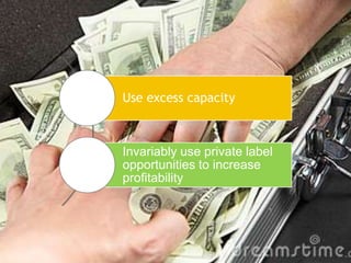 Use excess capacity
Invariably use private label
opportunities to increase
profitability
 