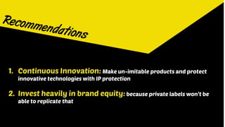 1. Continuous Innovation: Make un-imitable products and protect
innovative technologies with IP protection
2. Invest heavily in brand equity: because private labels won’t be
able to replicate that
 
