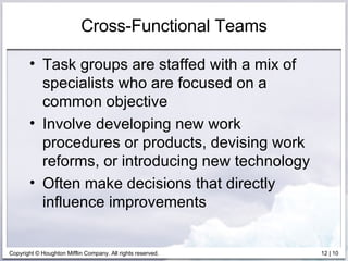 Cross-Functional Teams Task groups are staffed with a mix of specialists who are focused on a common objective Involve developing new work procedures or products, devising work reforms, or introducing new technology Often make decisions that directly influence improvements 