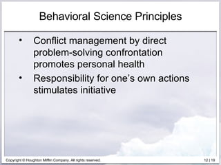 Behavioral Science Principles Conflict management by direct problem-solving confrontation promotes personal health Responsibility for one’s own actions stimulates initiative 