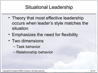 Situational Leadership Theory that most effective leadership occurs when leader’s style matches the situation Emphasizes the need for flexibility Two dimensions Task behavior Relationship behavior 