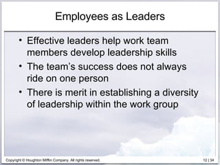 Employees as Leaders Effective leaders help work team members develop leadership skills The team’s success does not always ride on one person There is merit in establishing a diversity of leadership within the work group 