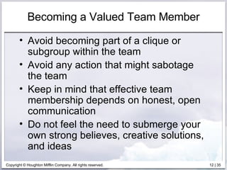 Becoming a Valued Team Member Avoid becoming part of a clique or subgroup within the team Avoid any action that might sabotage the team Keep in mind that effective team membership depends on honest, open communication Do not feel the need to submerge your own strong believes, creative solutions, and ideas 