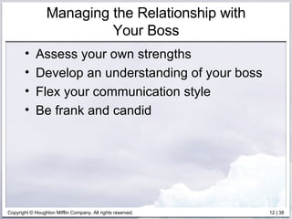 Managing the Relationship with Your Boss Assess your own strengths Develop an understanding of your boss Flex your communication style Be frank and candid 