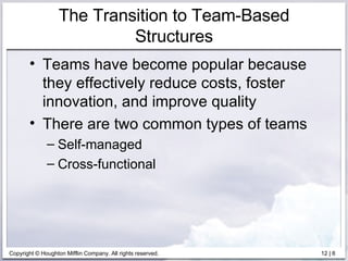The Transition to Team-Based Structures Teams have become popular because they effectively reduce costs, foster innovation, and improve quality There are two common types of teams Self-managed Cross-functional  