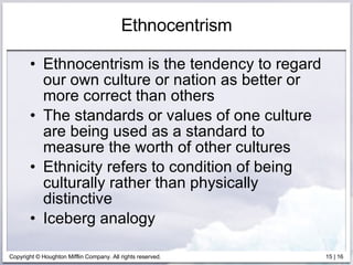 Ethnocentrism Ethnocentrism is the tendency to regard our own culture or nation as better or more correct than others The standards or values of one culture are being used as a standard to measure the worth of other cultures Ethnicity refers to condition of being culturally rather than physically distinctive Iceberg analogy 