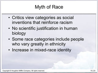 Myth of Race Critics view categories as social inventions that reinforce racism No scientific justification in human biology Some race categories include people who vary greatly in ethnicity Increase in mixed-race identity 