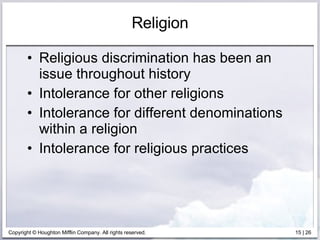 Religion Religious discrimination has been an issue throughout history Intolerance for other religions  Intolerance for different denominations within a religion Intolerance for religious practices 
