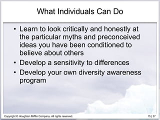 What Individuals Can Do Learn to look critically and honestly at the particular myths and preconceived ideas you have been conditioned to believe about others Develop a sensitivity to differences Develop your own diversity awareness program 