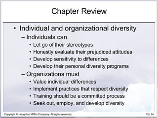 Chapter Review Individual and organizational diversity Individuals can  Let go of their stereotypes Honestly evaluate their prejudiced attitudes Develop sensitivity to differences Develop their personal diversity programs Organizations must Value individual differences Implement practices that respect diversity Training should be a committed process  Seek out, employ, and develop diversity 