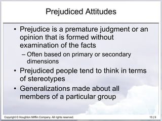 Prejudiced Attitudes Prejudice is a premature judgment or an opinion that is formed without examination of the facts Often based on primary or secondary dimensions Prejudiced people tend to think in terms of stereotypes Generalizations made about all members of a particular group 