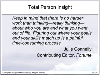 Total Person Insight Keep in mind that there is no harder work than thinking—really thinking—about who you are and what you want out of life. Figuring out where your goals and your skills match up is a painful, time-consuming process. Julie Connelly Contributing Editor,  Fortune 