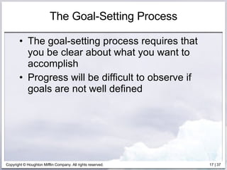 The Goal-Setting Process The goal-setting process requires that you be clear about what you want to accomplish Progress will be difficult to observe if goals are not well defined 