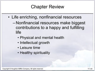 Chapter Review Life enriching, nonfinancial resources  Nonfinancial resources make biggest contributions to a happy and fulfilling life  Physical and mental health Intellectual growth Leisure time Healthy spirituality 
