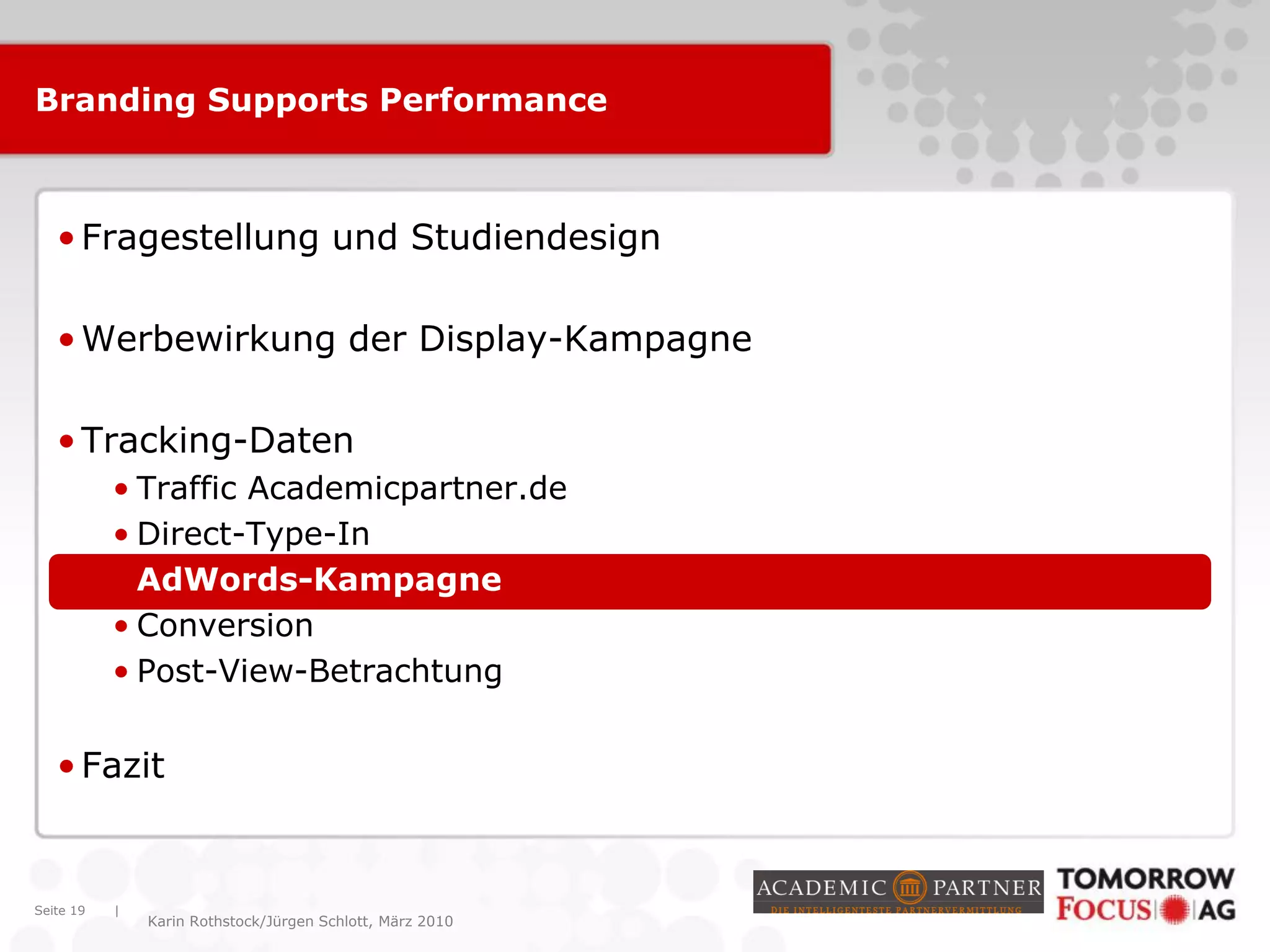 |
Karin Rothstock/Jürgen Schlott, März 2010
Branding Supports Performance
•Fragestellung und Studiendesign
•Werbewirkung der Display-Kampagne
•Tracking-Daten
• Traffic Academicpartner.de
• Direct-Type-In
• AdWords-Kampagne
• Conversion
• Post-View-Betrachtung
•Fazit
Seite 19
 