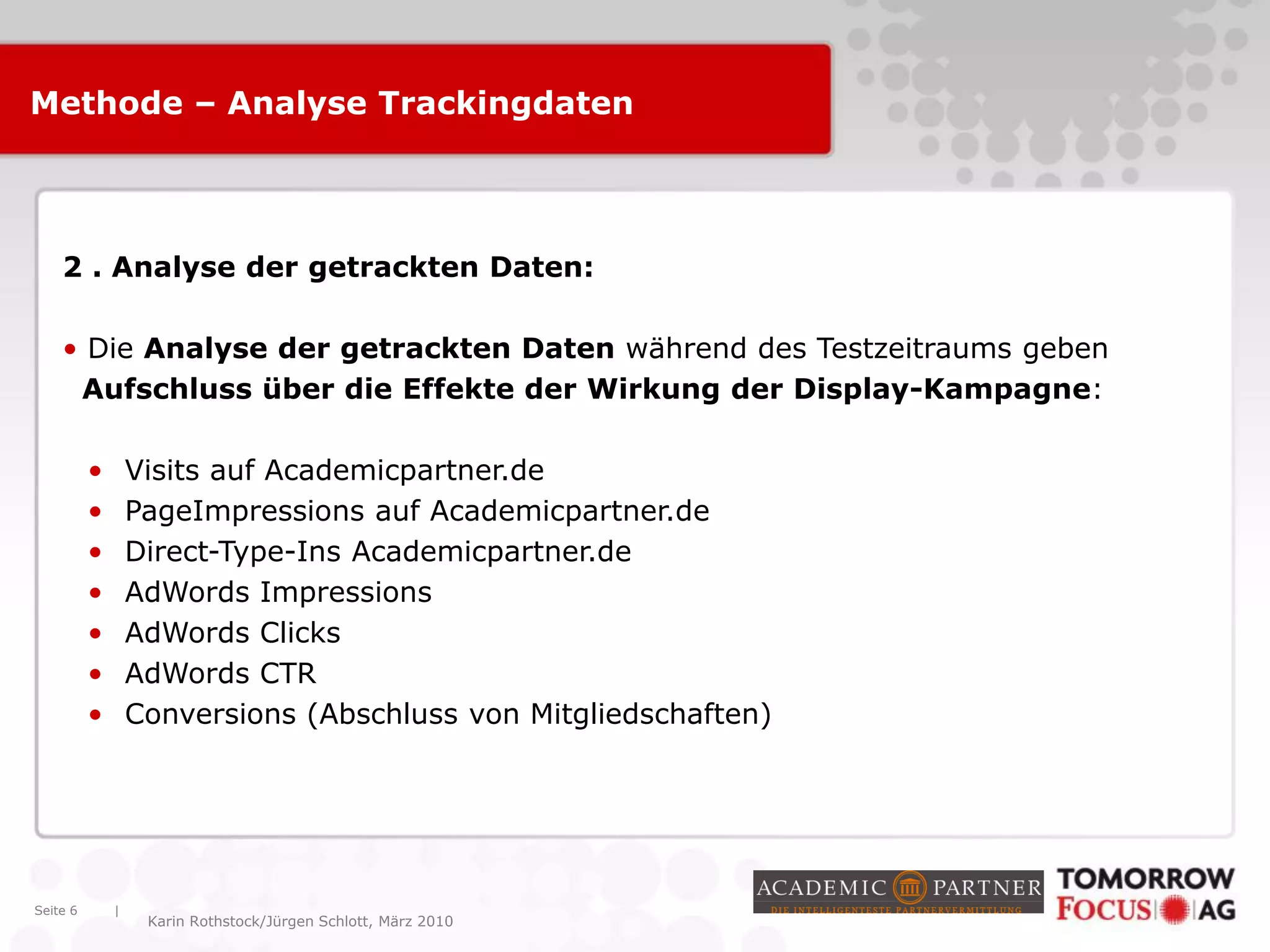 |
Karin Rothstock/Jürgen Schlott, März 2010
Methode – Analyse Trackingdaten
Seite 6
2 . Analyse der getrackten Daten:
• Die Analyse der getrackten Daten während des Testzeitraums geben
Aufschluss über die Effekte der Wirkung der Display-Kampagne:
• Visits auf Academicpartner.de
• PageImpressions auf Academicpartner.de
• Direct-Type-Ins Academicpartner.de
• AdWords Impressions
• AdWords Clicks
• AdWords CTR
• Conversions (Abschluss von Mitgliedschaften)
 