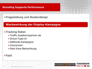 |
Karin Rothstock/Jürgen Schlott, März 2010
Branding Supports Performance
•Fragestellung und Studiendesign
•Werbewirkung der Display-Kampagne
•Tracking-Daten
• Traffic Academicpartner.de
• Direct-Type-In
• AdWords-Kampagne
• Conversion
• Post-View-Betrachtung
•Fazit
Seite 8
 