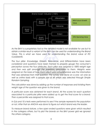 66% Future Growth
                                                                  Value




                                                                  33% Operating Value




As the BAV is a proprietary tool so the detailed model is not available for use but to
obtain a similar result a variant of the BAV can be used for understanding the Brand
Value. This is what we have used for understanding the brand value of ITC
CLASSMATE.

The four pillar- Knowledge, Esteem, Relevance, and Differentiation have been
considered and questions have been framed to properly gauge the consumer’s
perception across the four attributes. Each pillar was assigned a 100% weight age
and then was split amongst the questions associated to them. Weights were
assigned on the basis of how much direct and comprehensive was the information
that was obtained from that question. The survey was done on a one –on one as
well as online basis with a sample size of 49 which was selected through Simple
Random Sampling.

The calculation was done by adding up the number of responses and totaling them
weight age of the question was given to the brand.

A particular score was obtained for each brand. All the scores for each question
associated to a particular pillar were added up to get the final score for a brand.
Then a percentile was assigned to that score.

In Q.6 and 10 z-tests were performed to see if the sample represents the population
or not. After that an ANOVA was done to figure out which brand was the leader.

To measure brand stature, a few open ended questions were given which resulted
in the category others, but to plot the brands on the BAV power grid we ignored
the others category.

                                          8
 