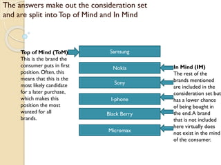 The answers make out the consideration set
and are split into Top of Mind and In Mind
Top of Mind (ToM)
This is the brand the
consumer puts in first
position. Often, this
means that this is the
most likely candidate
for a later purchase,
which makes this
position the most
wanted for all
brands.
In Mind (IM)
The rest of the
brands mentioned
are included in the
consideration set bu
has a lower chance
of being bought in
the end. A brand
that is not included
here virtually does
not exist in the mind
of the consumer.
Samsung
Nokia
Sony
I-phone
Black Berry
Micromax
 