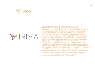 Queríamos que o logo trouxesse os
elementos principais da nossa essência, por
isso trabalhamos com elementos gráficos
como os círculos, que representam nossos
pilares: diversidade, igualdade e conexão.
Eles são interligados por linhas que formam
triângulos para deixar bem explícita essa
ideia de conexão. Fizemos modificações na
tipografia, alterando a letra “T” para melhorar
a legibilidade e a letra “A” para se encaixar
melhor dentro do nosso conceito, já que
estamos trabalhando triângulos.
Logo
14
 