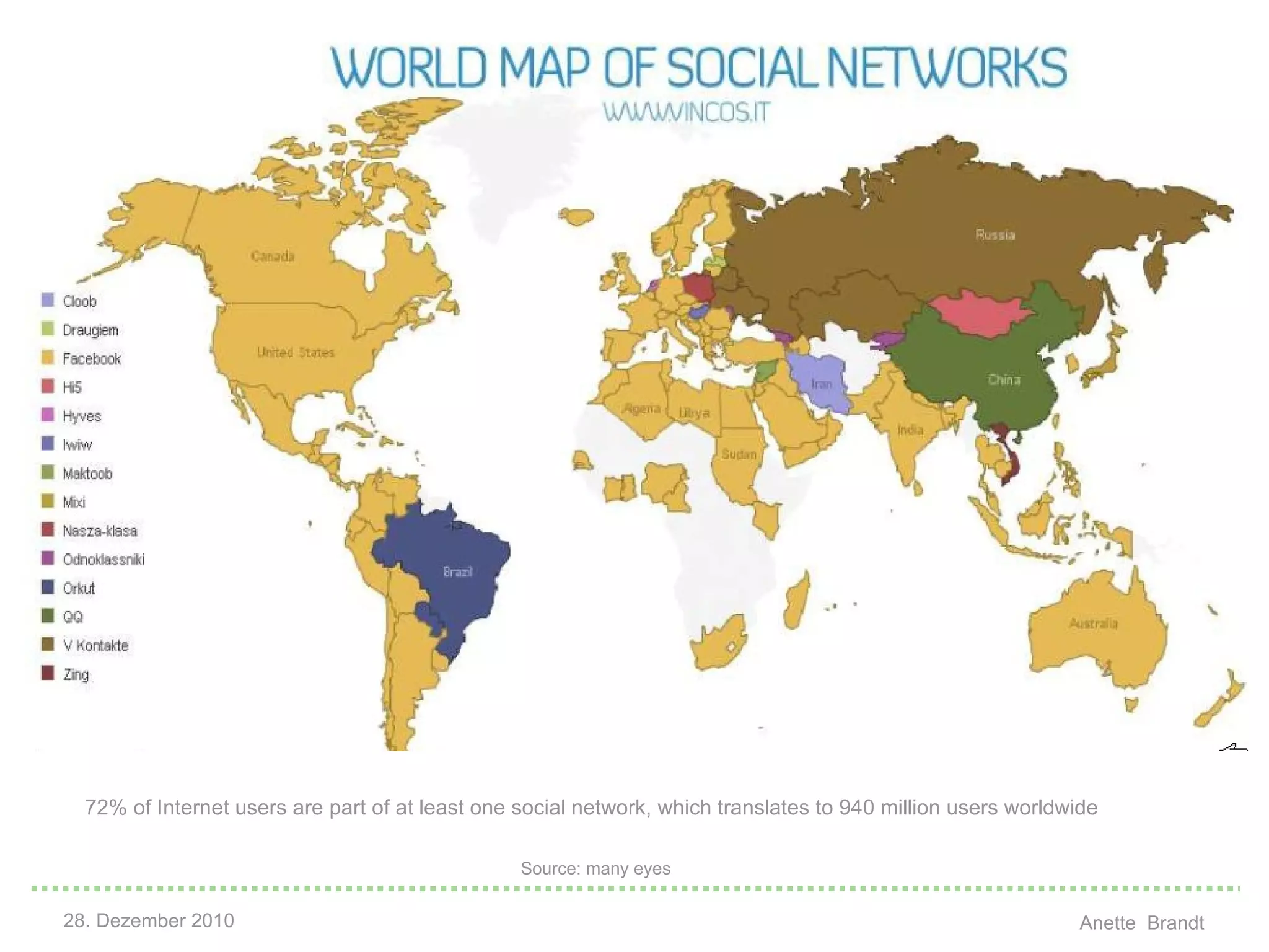 Facebook, Google, Yahoo Top 3 Source: many eyes Time spent on Facebook was greater than time spent on Google sites in the U.S. in August for the first time in history, according to fresh data from comScore. Meanwhile, Yahoo continues its slide from the top of the heap to the bottom. 72% of Internet users are part of at least one social network, which translates to 940 million users worldwide 