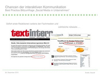 Sofort erste Reaktionen seitens der Fachmedien und    zahlreiche retweets ....   Chancen der interaktiven Kommunikation Best Practice Blitzumfrage „Social Media in Unternehmen“ 