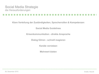 Klare Verteilung der Zuständigkeiten, Sprecherrollen & Kompetenzen Social Media Guidelines Krisenkommunikation - direkte Ansprache Dialog führen - schnell reagieren Kanäle vernetzen Mehrwert bieten Social Media Strategie die Herausforderungen 