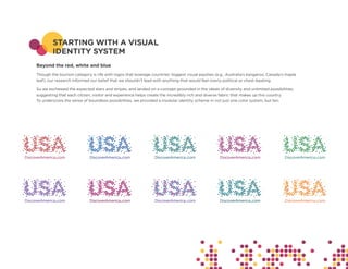 STARTING WITH A VISUAL
        IDENTITY SYSTEM
Beyond the red, white and blue
Though the tourism category is rife with logos that leverage countries’ biggest visual equities (e.g., Australia’s kangaroo, Canada’s maple
leaf), our research informed our belief that we shouldn’t lead with anything that would feel overly political or chest-beating.

So we eschewed the expected stars and stripes, and landed on a concept grounded in the ideals of diversity and unlimited possibilities;
suggesting that each citizen, visitor and experience helps create the incredibly rich and diverse fabric that makes up this country.
To underscore the sense of boundless possibilities, we provided a modular identity scheme in not just one color system, but ten.
 