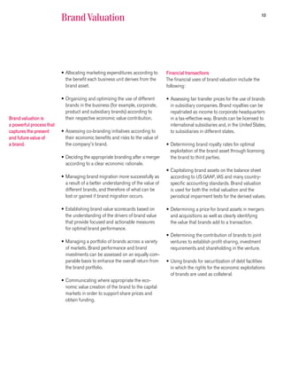 10
                          Brand Valuation




                          • Allocating marketing expenditures according to       Financial transactions
                            the benefit each business unit derives from the      The financial uses of brand valuation include the
                            brand asset.                                         following:

                          • Organizing and optimizing the use of different       • Assessing fair transfer prices for the use of brands
                            brands in the business (for example, corporate,        in subsidiary companies. Brand royalties can be
                            product and subsidiary brands) according to            repatriated as income to corporate headquarters
Brand valuation is          their respective economic value contribution.          in a tax-effective way. Brands can be licensed to
a powerful process that                                                            international subsidiaries and, in the United States,
captures the present      • Assessing co-branding initiatives according to         to subsidiaries in different states.
and future value of         their economic benefits and risks to the value of
a brand.                    the company’s brand.                                 • Determining brand royalty rates for optimal
                                                                                   exploitation of the brand asset through licensing
                          • Deciding the appropriate branding after a merger       the brand to third parties.
                            according to a clear economic rationale.
                                                                                 • Capitalizing brand assets on the balance sheet
                          • Managing brand migration more successfully as          according to US GAAP, IAS and many country-
                            a result of a better understanding of the value of     specific accounting standards. Brand valuation
                            different brands, and therefore of what can be         is used for both the initial valuation and the
                            lost or gained if brand migration occurs.              periodical impairment tests for the derived values.

                          • Establishing brand value scorecards based on         • Determining a price for brand assets in mergers
                            the understanding of the drivers of brand value        and acquisitions as well as clearly identifying
                            that provide focused and actionable measures           the value that brands add to a transaction.
                            for optimal brand performance.
                                                                                 • Determining the contribution of brands to joint
                          • Managing a portfolio of brands across a variety        ventures to establish profit sharing, investment
                            of markets. Brand performance and brand                requirements and shareholding in the venture.
                            investments can be assessed on an equally com-
                            parable basis to enhance the overall return from     • Using brands for securitization of debt facilities
                            the brand portfolio.                                   in which the rights for the economic exploitations
                                                                                   of brands are used as collateral.
                          • Communicating where appropriate the eco-
                            nomic value creation of the brand to the capital
                            markets in order to support share prices and
                            obtain funding.
 