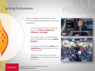 Igniting Enthusiasm

                 Sound strategy and big ideas fuel
                  turnkey programs designed to get you
                  noticed by:

                       Turning data and trends into thought-
                        provoking media, analyst and
                        influencer coverage

                       Educating publics and stakeholders
                        about compelling and unique brand
                        benefits

                       Developing newsworthy events and
                        experiences that get people talking -
                        enthusiastically

                       Writing and developing shareable
                        content that measurably differentiates
                        your brand



         Copyright © 2012 The Brandware Group, Inc.
         brandwaregroup.com                                      12
 