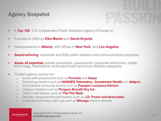 Agency Snapshot

   A Top 100 U.S. Independent Public Relations Agency (O’Dwyer’s)

   Founded in 2000 by Elke Martin and David Krysiek

   Headquartered in Atlanta, with offices in New York, and Los Angeles

   Award-winning consumer and B2B public relations and communications programs

   Areas of expertise include automotive, powersports, consumer electronics, health
    technology, destinations, enthusiast brand and luxury lifestyle categories

   Trusted agency partner for:
        Iconic enthusiast brands such as Porsche and Vespa
        Technology leaders such as HUGHES Telematics , Carestream Health and Adap.tv
        Cult-followed consumer brands such as Popeyes Louisiana Kitchen
        Category leaders such as Penguin Brand® Dry Ice
        Online retail leaders such as The Tire Rack
        Globally recognized thought leaders such as J.D. Power and Associates
        Small and innovative start-ups such as Wheego electric vehicles


                Copyright © 2012 The Brandware Group, Inc.
                brandwaregroup.com                                                      3
 
