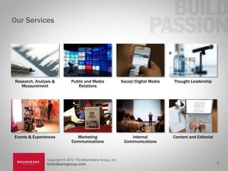 Our Services




Research, Analysis &          Public and Media               Social/Digital Media   Thought Leadership
   Measurement                   Relations




Events & Experiences            Marketing                        Internal           Content and Editorial
                              Communications                  Communications



                Copyright © 2012 The Brandware Group, Inc.
                brandwaregroup.com                                                                          4
 
