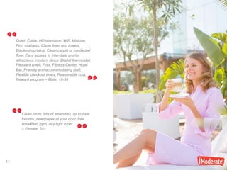 17
17
Clean room, lots of amenities, up to date
fixtures, newspaper at your door, free
breakfast, gym, airy light room.
– Female, 55+
Quiet, Cable, HD television, Wifi, Mini bar,
Firm mattress, Clean linen and towels,
Blackout curtains, Clean carpet or hardwood
floor, Easy access to interstate and/or
attractions, modern decor, Digital thermostat,
Pleasant smell, Pool, Fitness Center, Hotel
Bar, Friendly and accommodating staff,
Flexible checkout times, Reasonable cost,
Reward program – Male, 18-34
 