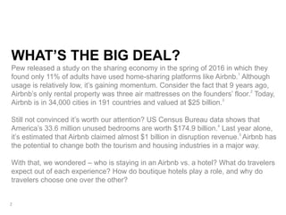 WHAT’S THE BIG DEAL?
Pew released a study on the sharing economy in the spring of 2016 in which they
found only 11% of adults have used home-sharing platforms like Airbnb.1
Although
usage is relatively low, it’s gaining momentum. Consider the fact that 9 years ago,
Airbnb’s only rental property was three air mattresses on the founders’ floor.2
Today,
Airbnb is in 34,000 cities in 191 countries and valued at $25 billion.3
Still not convinced it’s worth our attention? US Census Bureau data shows that
America’s 33.6 million unused bedrooms are worth $174.9 billion.4
Last year alone,
it’s estimated that Airbnb claimed almost $1 billion in disruption revenue.5
Airbnb has
the potential to change both the tourism and housing industries in a major way.
With that, we wondered – who is staying in an Airbnb vs. a hotel? What do travelers
expect out of each experience? How do boutique hotels play a role, and why do
travelers choose one over the other?
2
 