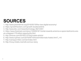 28
SOURCES
1. http://www.pewinternet.org/2016/05/19/the-new-digital-economy/
2. https://growthhackers.com/growth-studies/airbnb
3. http://www.bbc.com/news/technology-36212451
4. https://www.thestreet.com/story/13545819/1/rental-rewards-america-s-spare-bedrooms-are-
an-untapped-175-billion-opportunity.html
5. http://fortune.com/2016/01/27/big-hotels-airbnb/
6. http://www.nytimes.com/2016/04/10/travel/millennials-hotels.html?_r=0
7. http://canopy3.hilton.com/en/index.html
8. http://moxy-hotels.marriott.com/our-story
 