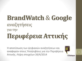BrandWatch & Google
αναζητήσεις
για την
Περιφέρεια Αττικής
Η αποτύπωση των ψηφιακών αναζητήσεων και
αναφορών στους Υποψηφίους για την Περιφέρεια
Αττικής. Λήψη στοιχείων 26/4/2014
1
 