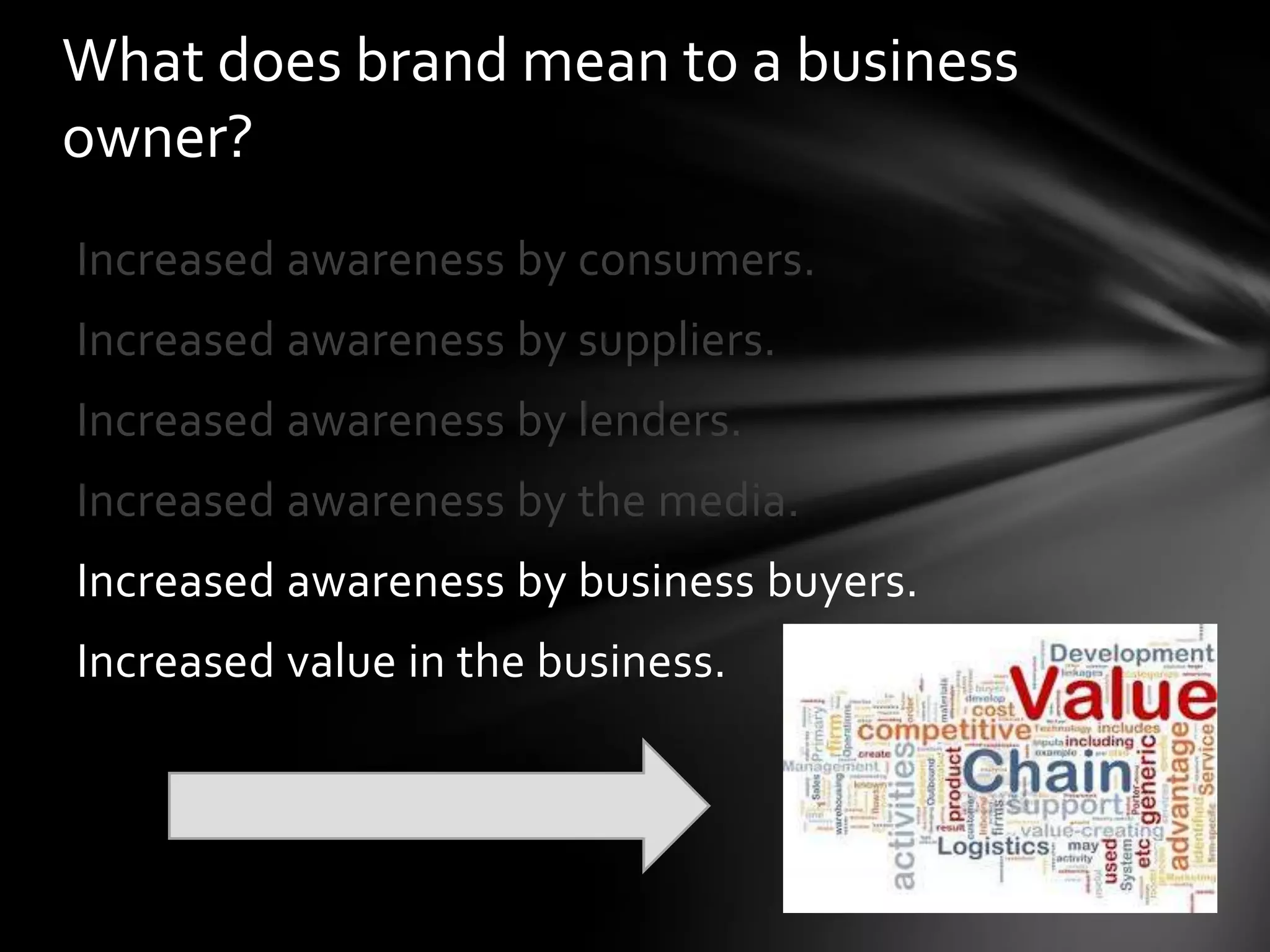What does brand mean to a business
owner?
Increased awareness by consumers.
Increased awareness by suppliers.
Increased awareness by lenders.
Increased awareness by the media.
Increased awareness by business buyers.
Increased value in the business.
 